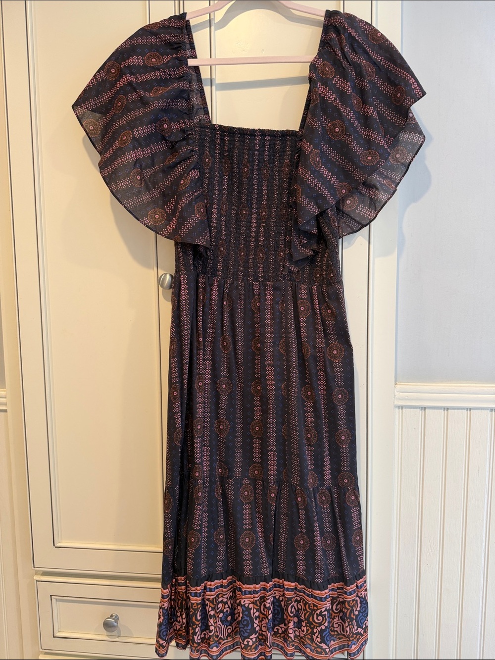 FIGUE Smocked Midi Dress with Flutter Sleeves in Navy and Rust